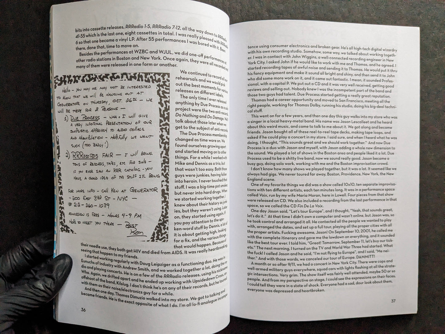 Interior spread with a handwritten RRRecords note and text on Due Process and live performances.