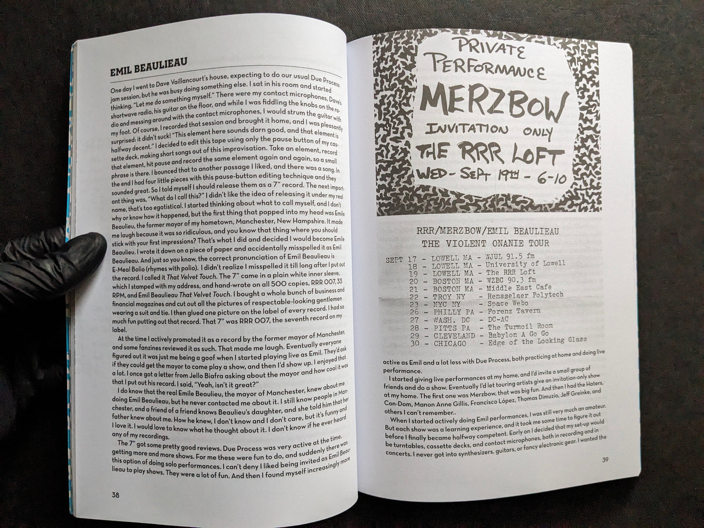 Interior spread with a chapter on Emil Beaulieu and a Merzbow private performance flyer.