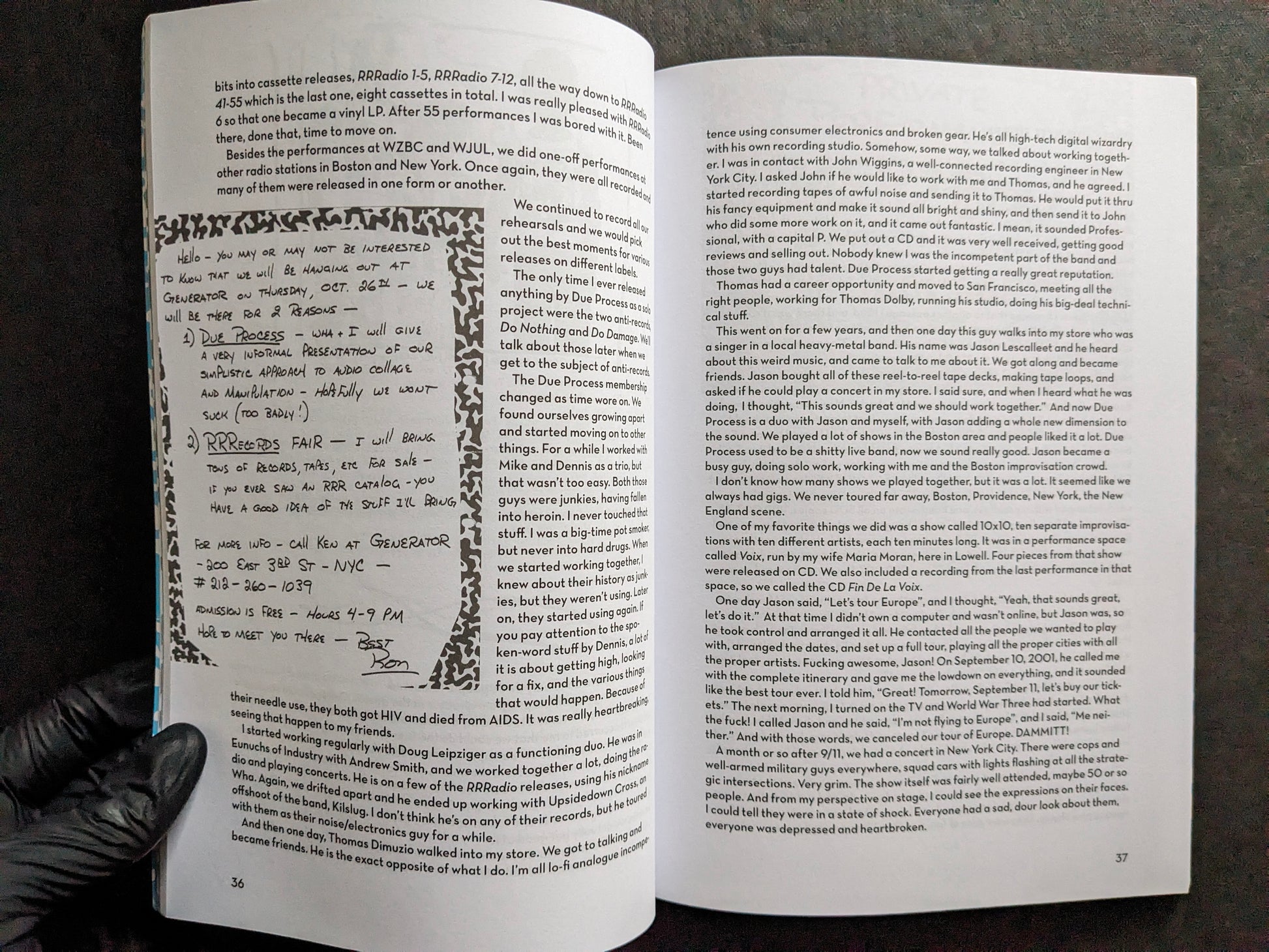 Interior spread from America’s Greatest Noise with a handwritten RRRecords note and text about Due Process and live performances.