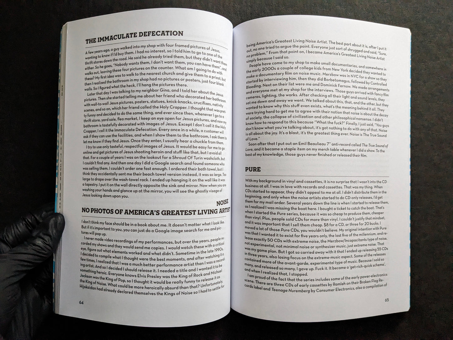 Interior spread from America’s Greatest Noise featuring the sections The Immaculate Defecation and Pure.