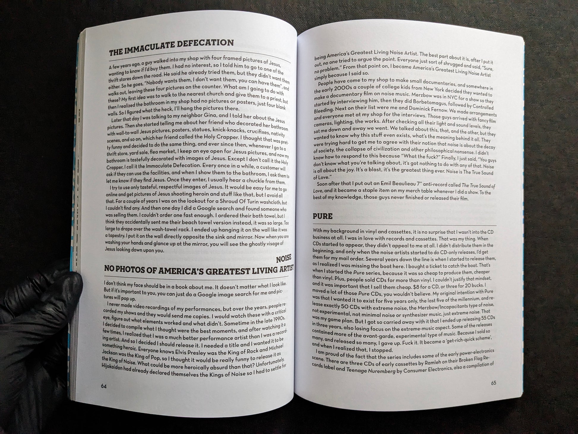 Interior spread from America’s Greatest Noise featuring the sections The Immaculate Defecation and Pure.