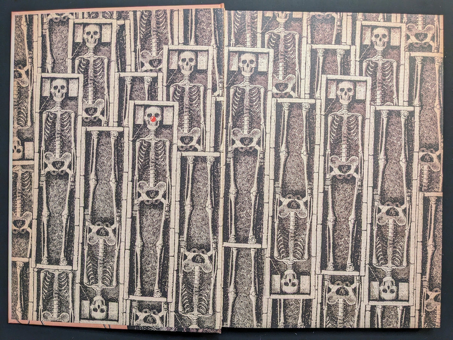 Metafables endpapers — repeated vintage skeleton pattern in sepia halftone.