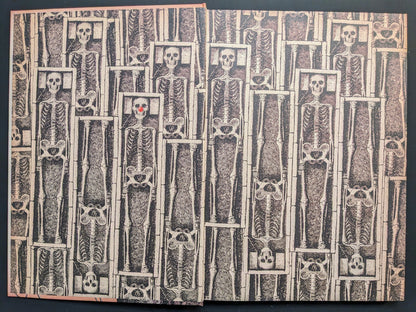 Metafables endpapers — repeated vintage skeleton pattern in sepia halftone.