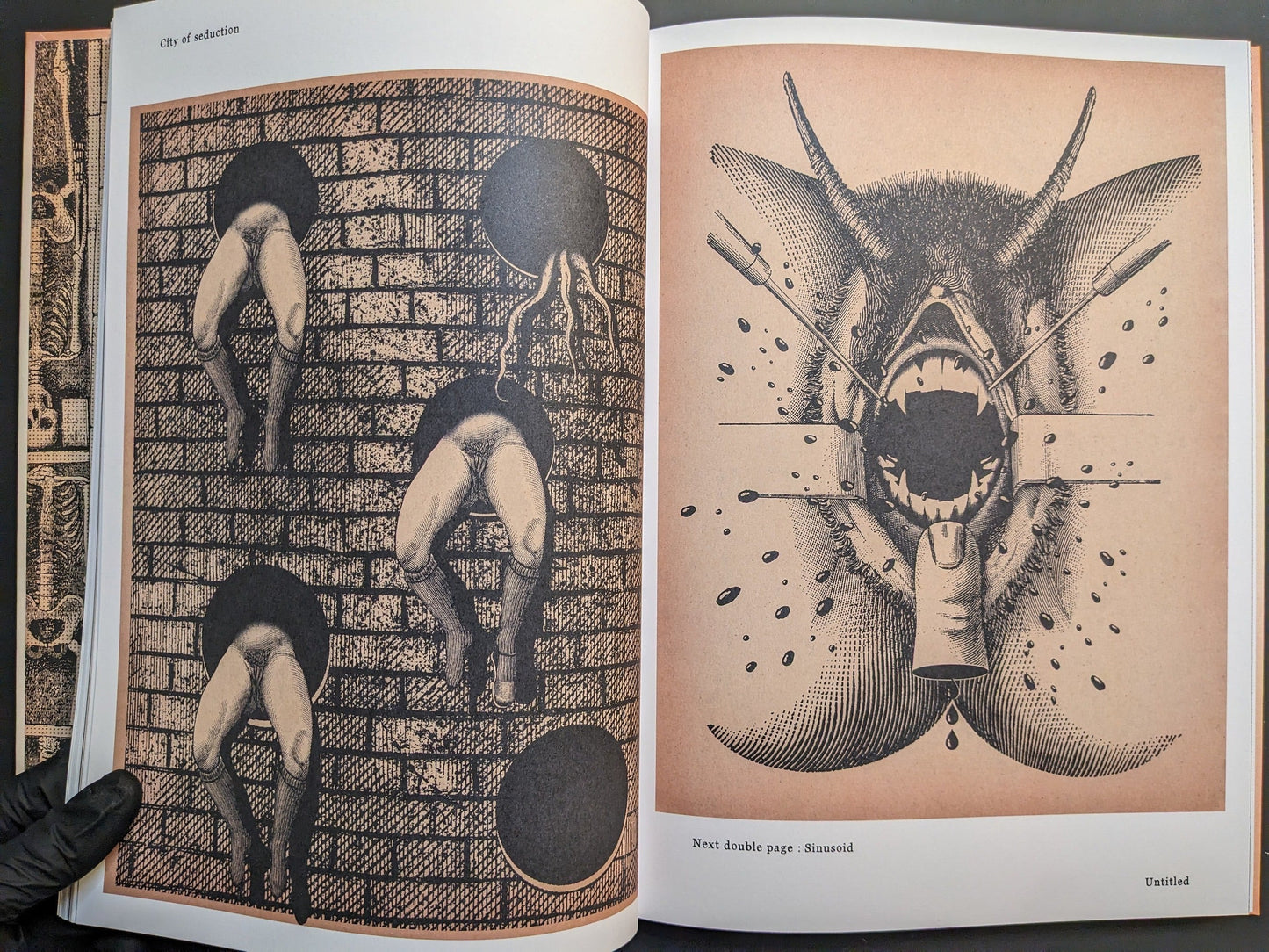 Spread — ‘City of seduction’ figures through wall apertures; ‘Untitled’ surgical eye motif.