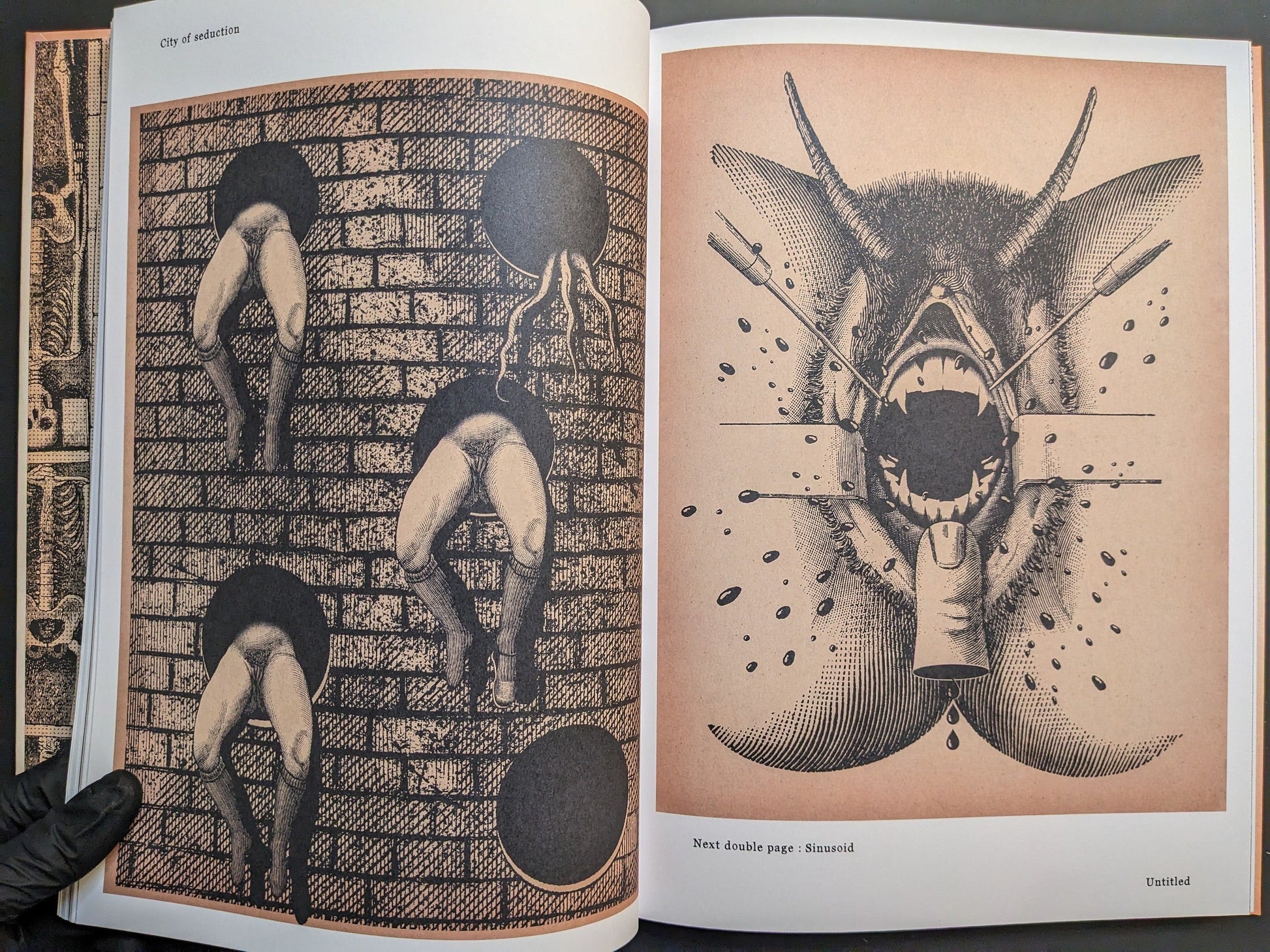 Spread — ‘City of seduction’ figures through wall apertures; ‘Untitled’ surgical eye motif.