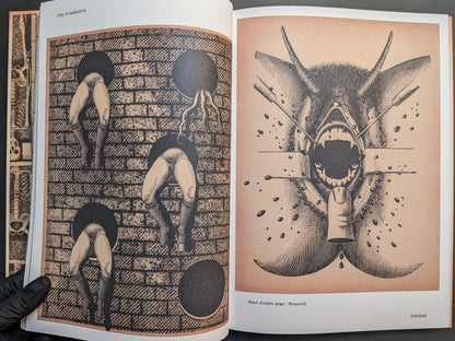 Spread — ‘City of seduction’ figures through wall apertures; ‘Untitled’ surgical eye motif.