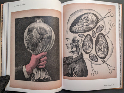 Spread — ‘The collector of whispers’ bagged head; ‘It’s all in your head’ cranial cutaway.