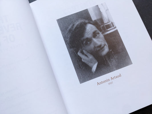 Black-and-white portrait of Antonin Artaud from 1937 printed on the first inner page of the book.