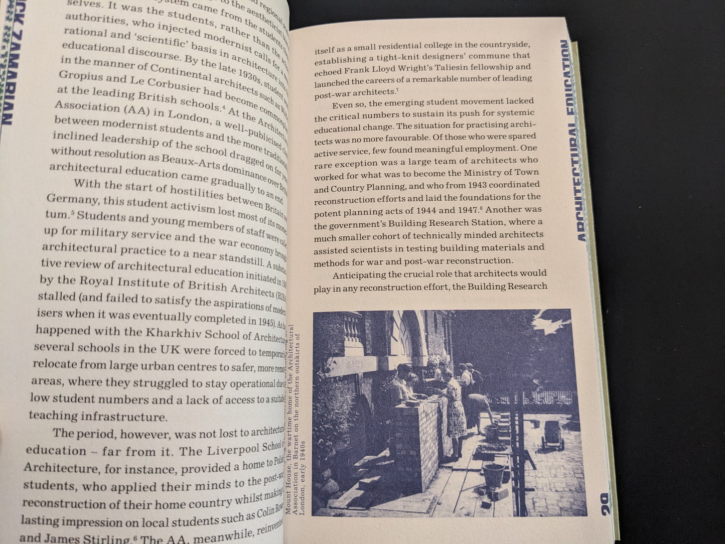 Interior page with essay on architectural education during and after WWII.