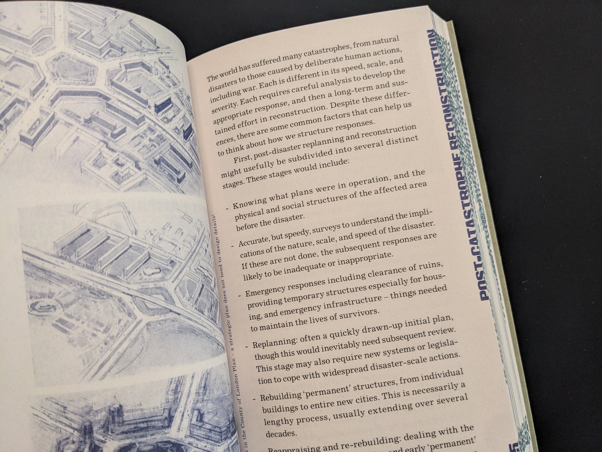 Post-catastrophe reconstruction strategies discussed in English with diagram illustrations.