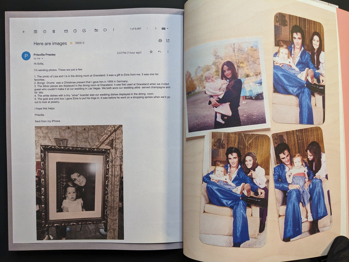 Page from Archive by Sofia Coppola featuring Polaroid-style family photos from Priscilla and a printed email with production notes