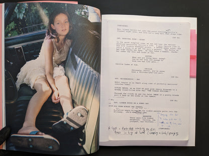 Script pages with handwritten notes and film still from The Virgin Suicides in Archive by Sofia Coppola