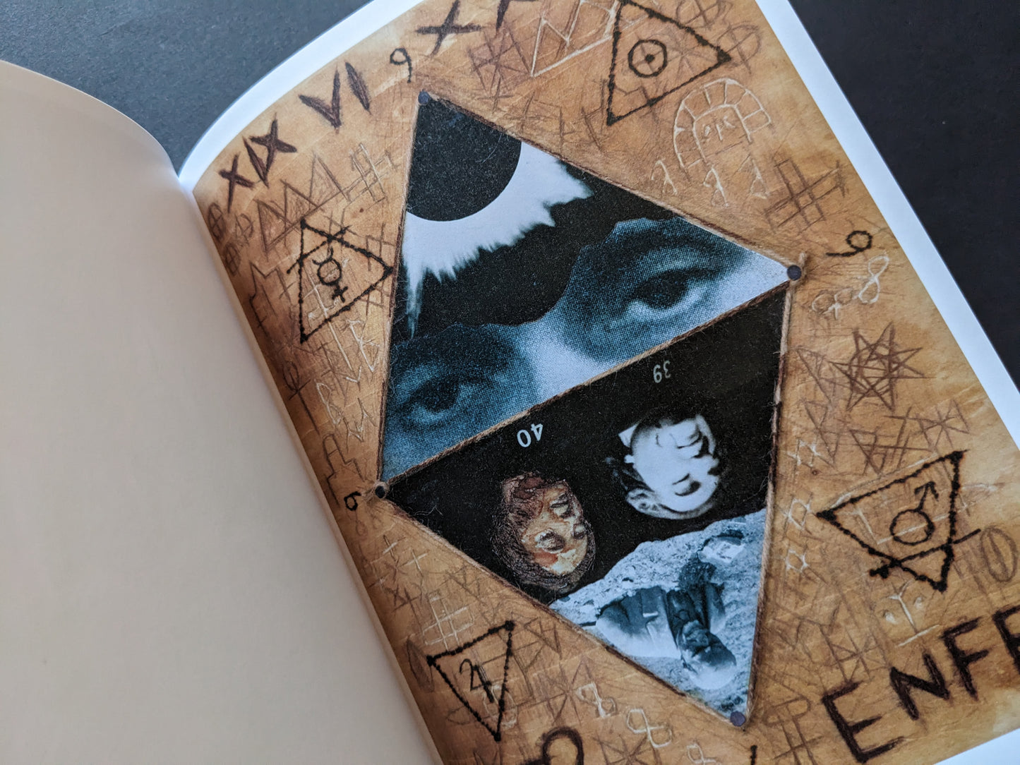 Surreal collage of eyes, figures, and symbols arranged in a triangular ritual frame.