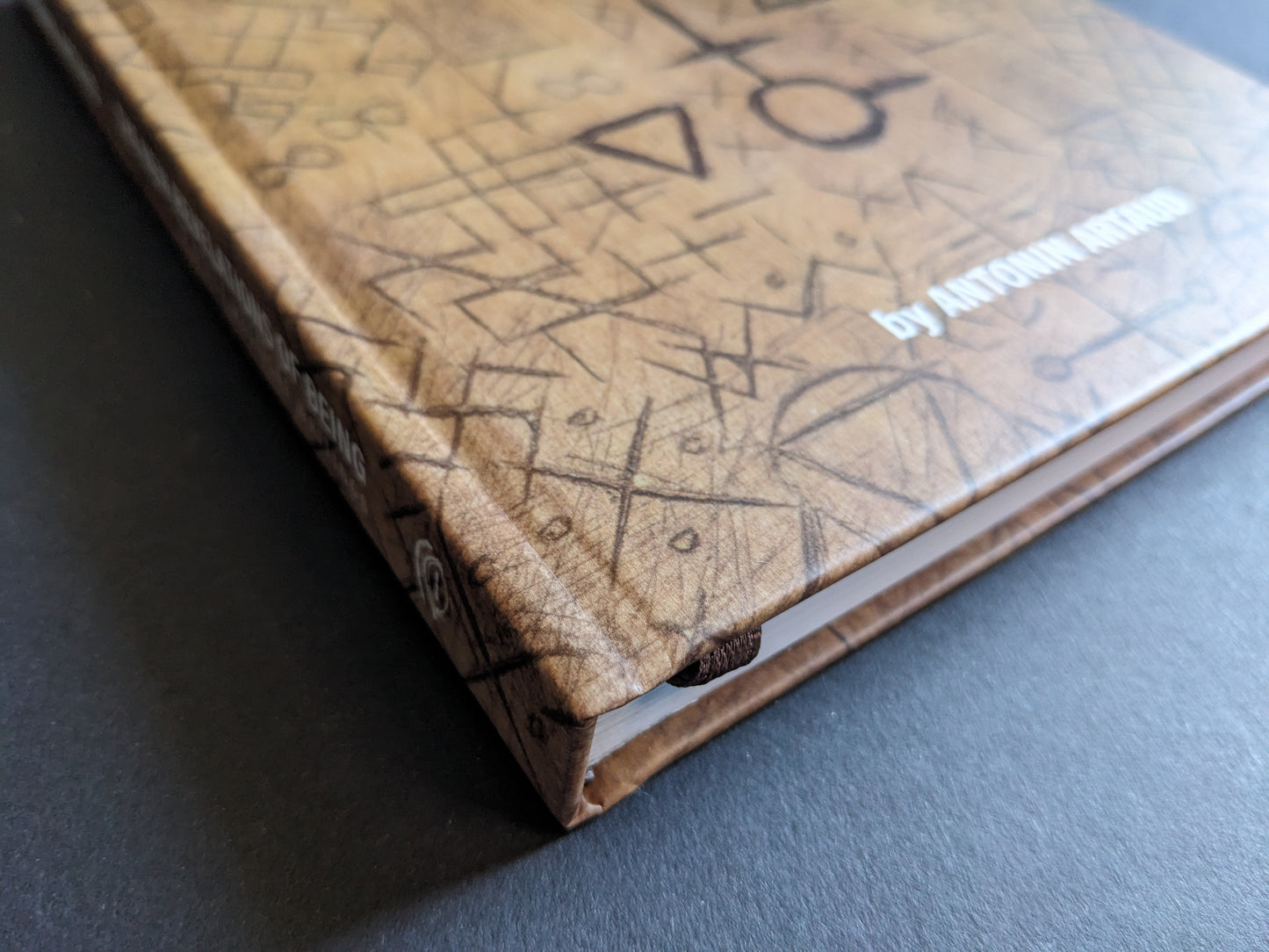 Close-up of the book spine with embossed title and decorative ritual-like patterns.