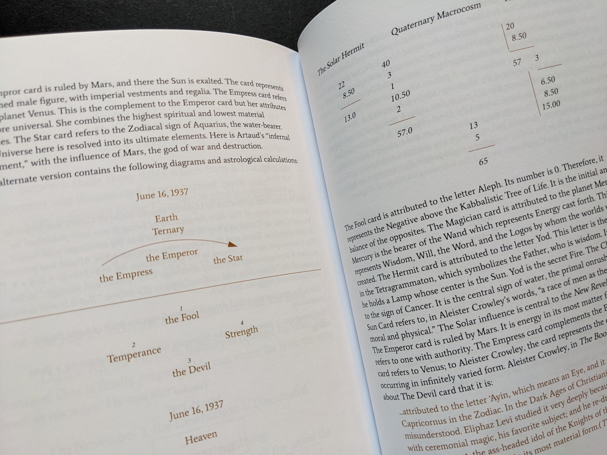 Diagrammatic spread with astrological references, Tarot arcana, planetary influences, and esoteric calculations from 1937.