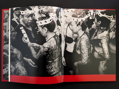 Close-up of tattooed festival participants in black and white from Asakusa by Ronin de Goede.