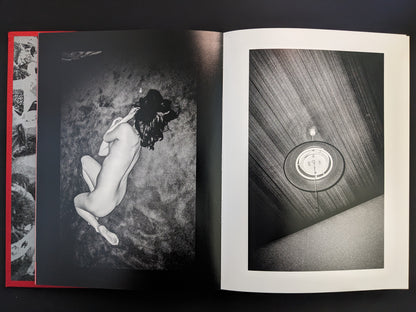 Nude woman on carpet in a dim room, paired with a ceiling lamp detail.