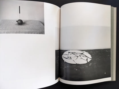 Double-page spread from Ash (New Edition) by Muge, knife in fruit and broken ceramic plate composition.