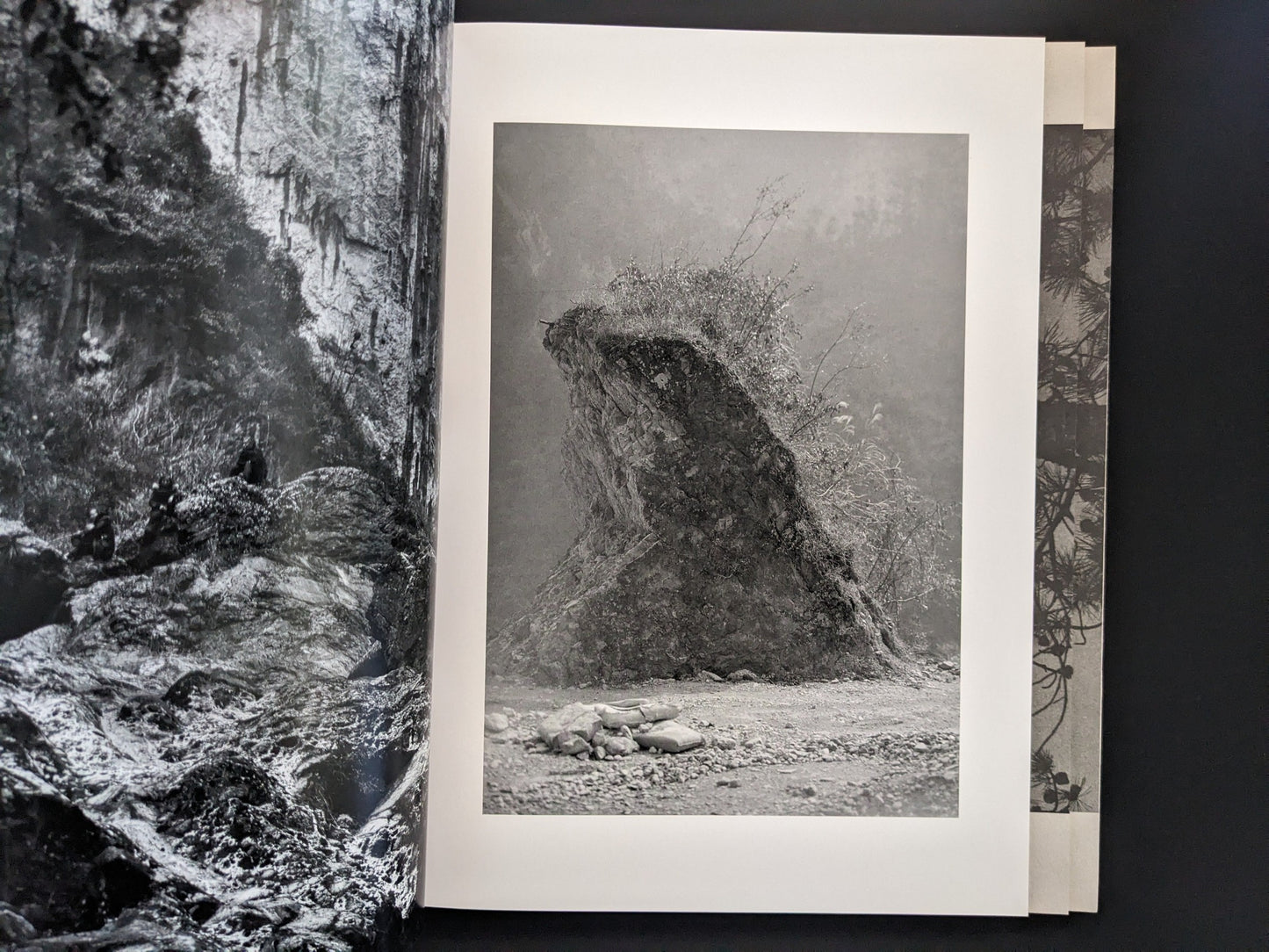 Open spread from ASH (New Edition) by Muge, with a landscape photograph on the right page.