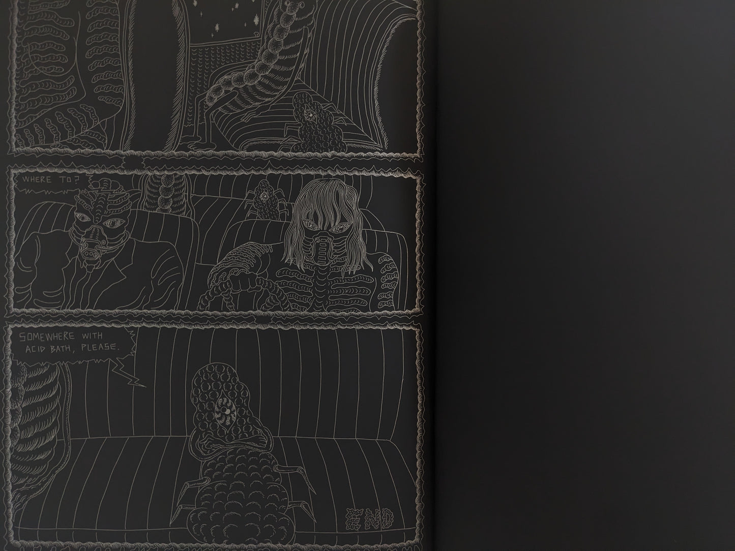 Final page of Assassin Child – mutant taxi ride with passengers asking for acid bath, darkly humorous ending