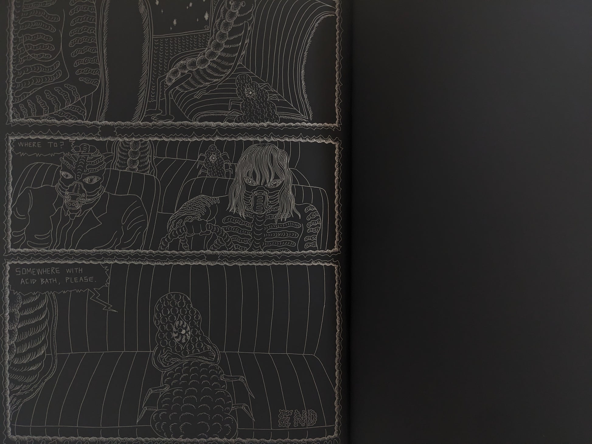 Final page of Assassin Child – mutant taxi ride with passengers asking for acid bath, darkly humorous ending