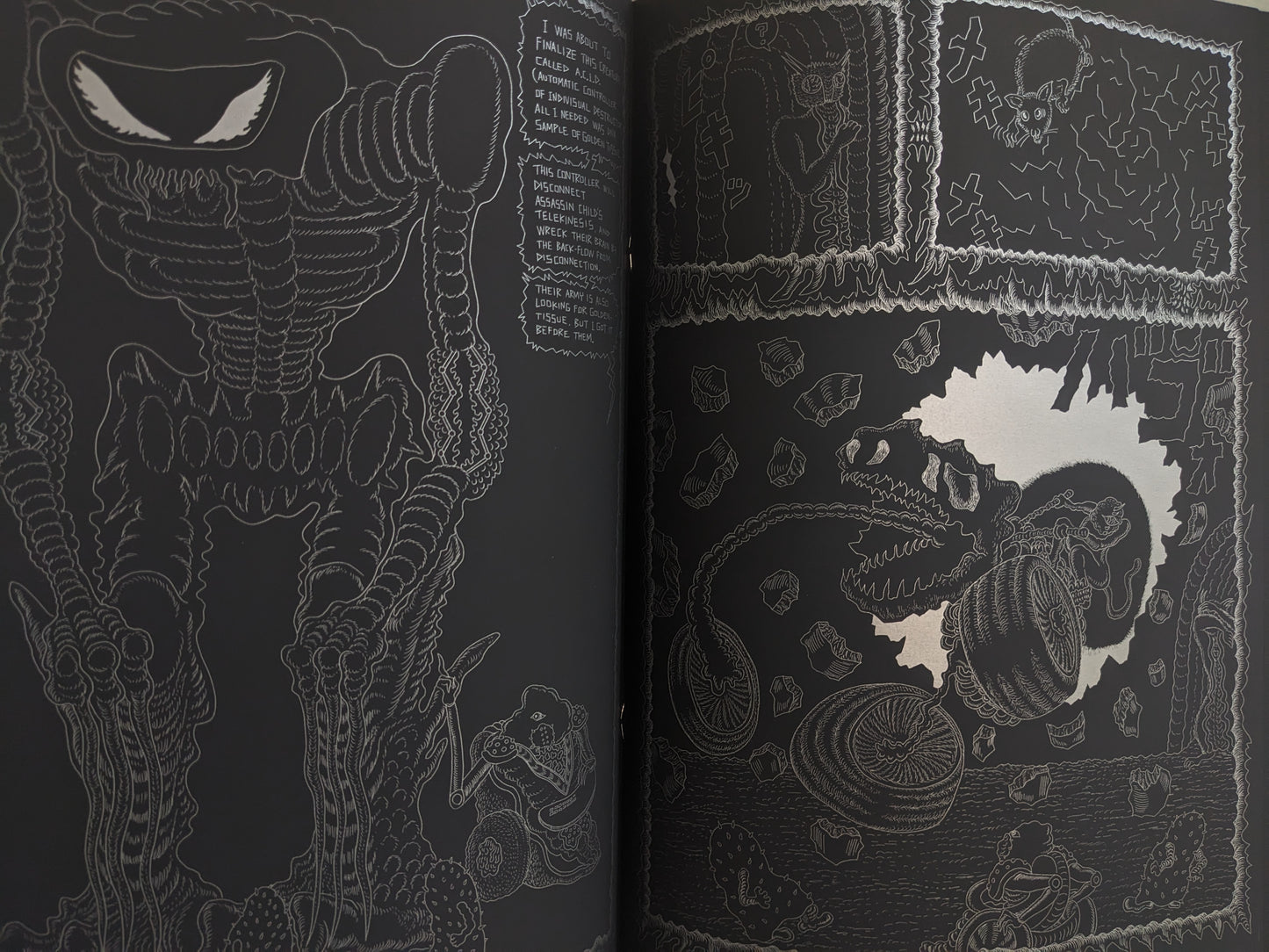 Interior page from Assassin Child with alien machinery, a mining scene, and a mutant transformation