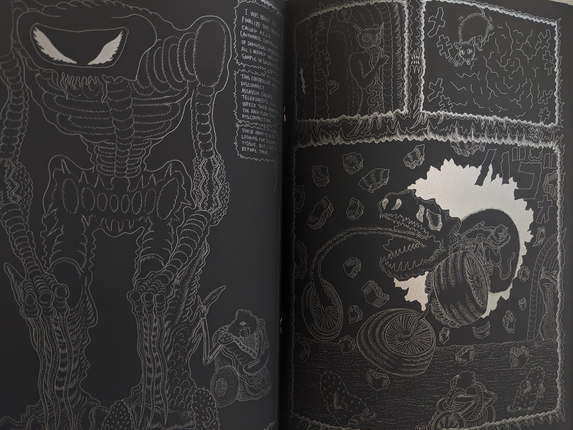 Interior page from Assassin Child with alien machinery, a mining scene, and a mutant transformation