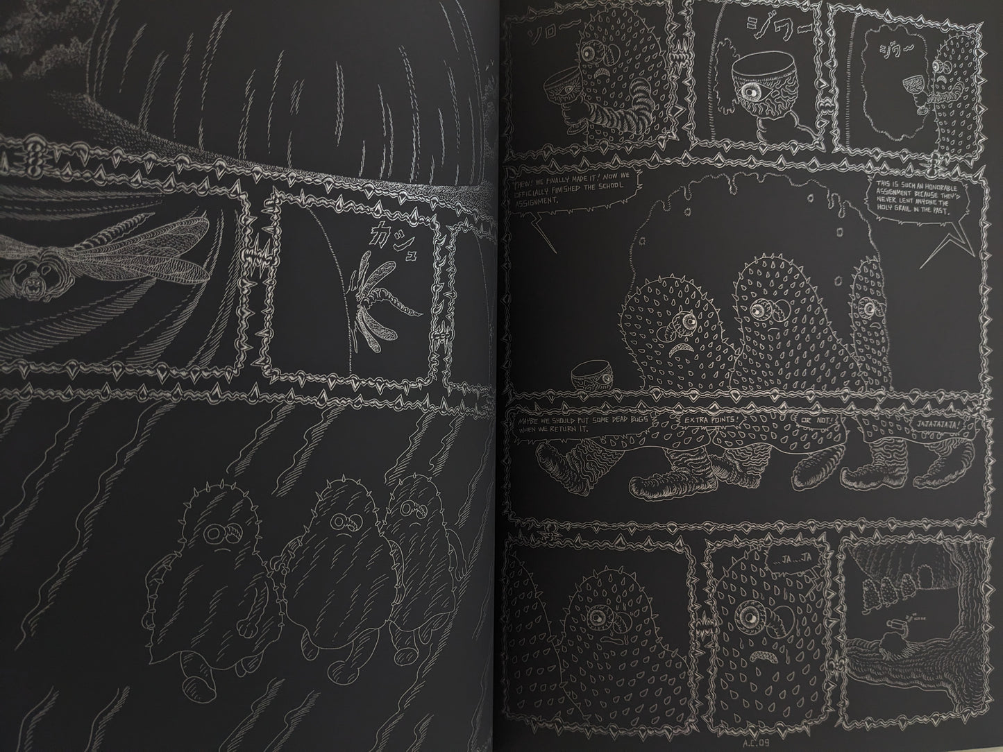 Interior spread from Assassin Child showing spiky creatures in rain, insects, and alien dialogue