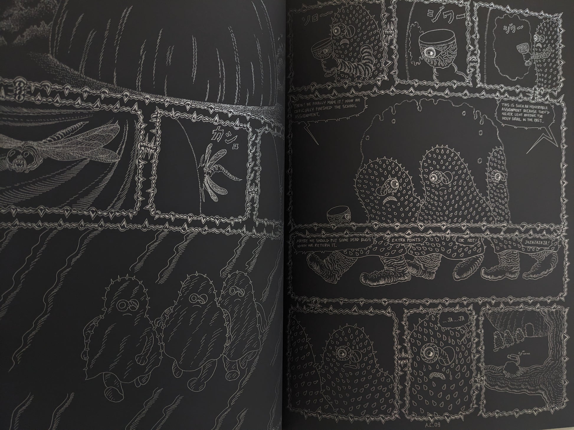 Interior spread from Assassin Child showing spiky creatures in rain, insects, and alien dialogue