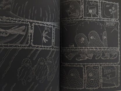 Interior spread from Assassin Child showing spiky creatures in rain, insects, and alien dialogue