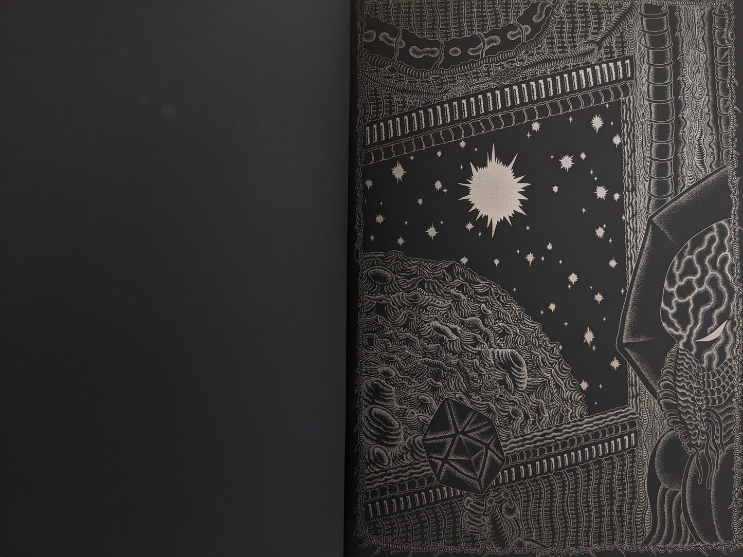 Opening page of Assassin Child with an alien starfield and cosmic landscape in silver ink