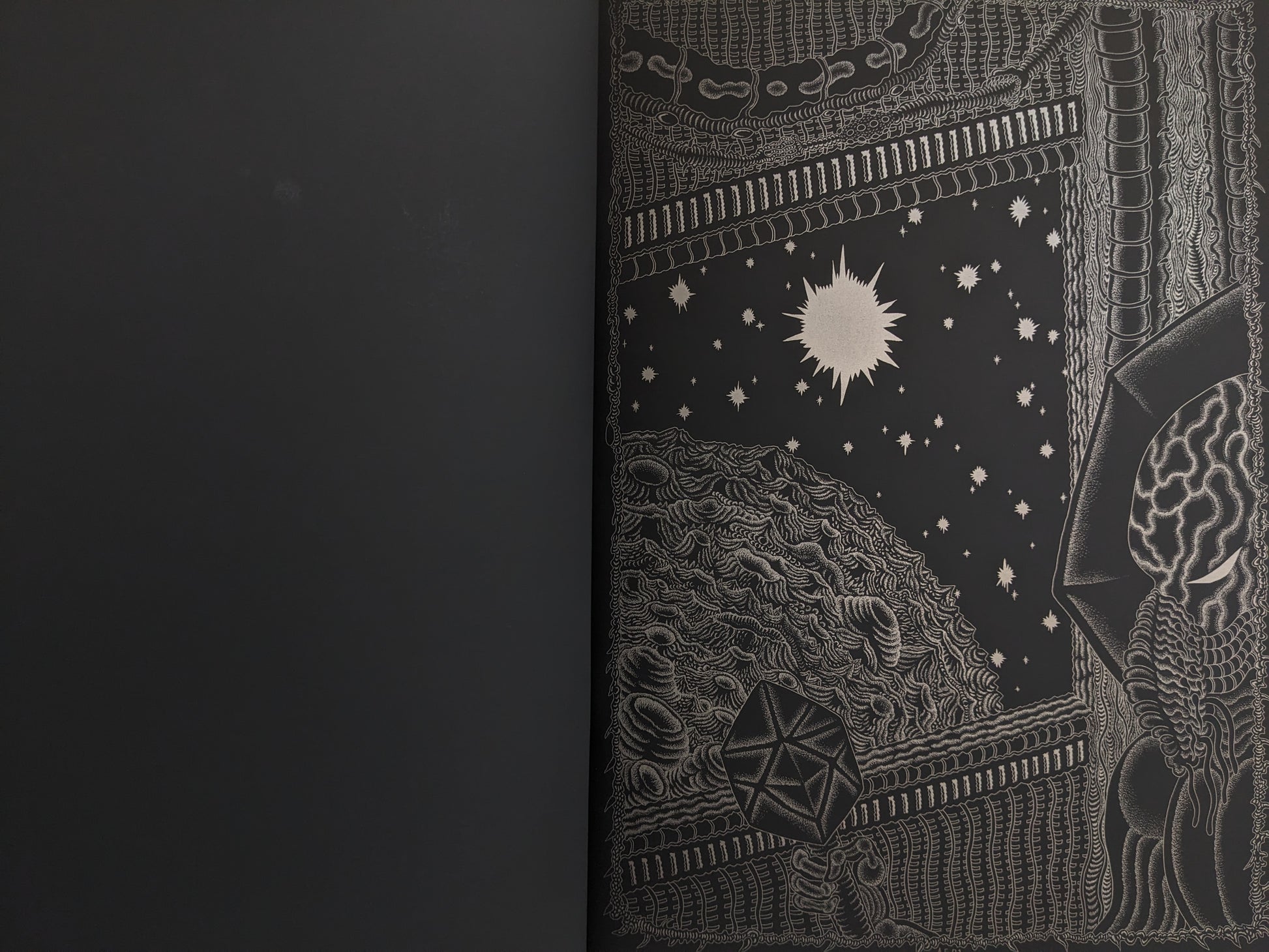 Opening page of Assassin Child with an alien starfield and cosmic landscape in silver ink