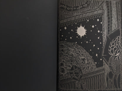 Opening page of Assassin Child with an alien starfield and cosmic landscape in silver ink