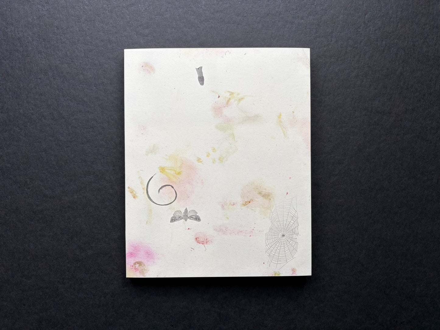 At Night Gardens Grow by Pia-Paulina Guilmoth, front cover with pale recycled jacket, faint pink and yellow marks, and spider web motifs
