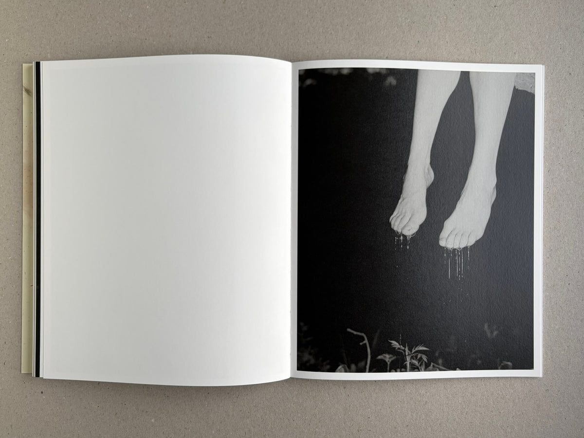At Night Gardens Grow open to a black-and-white photograph of bare feet hanging above plants