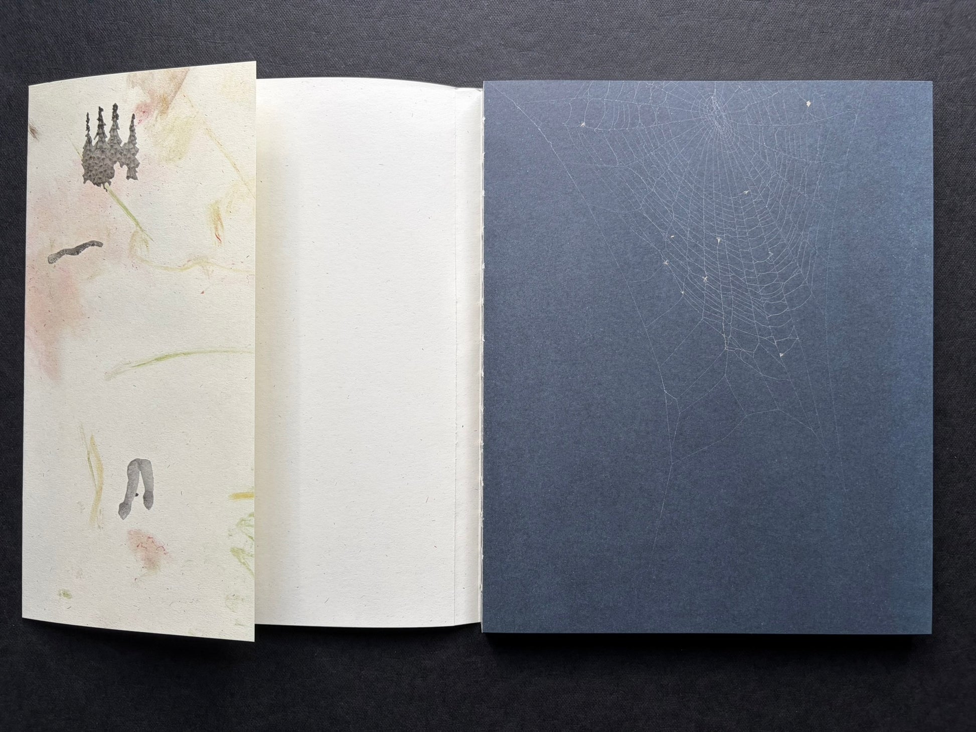 At Night Gardens Grow by Pia-Paulina Guilmoth, open cover showing the recycled jacket, exposed stitching, and spider web endpaper