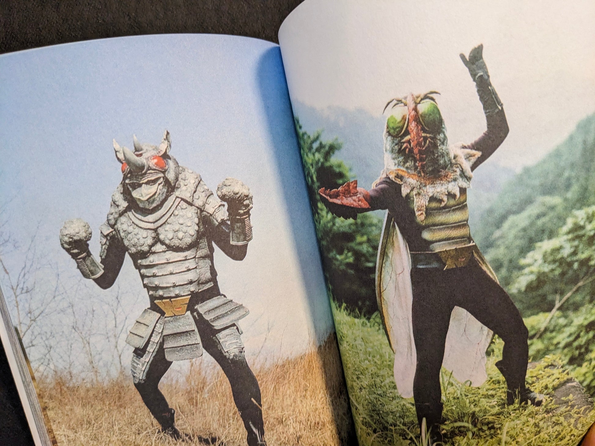 Interior spread from Bad People featuring two insect-like Japanese TV series villain characters in full costume.