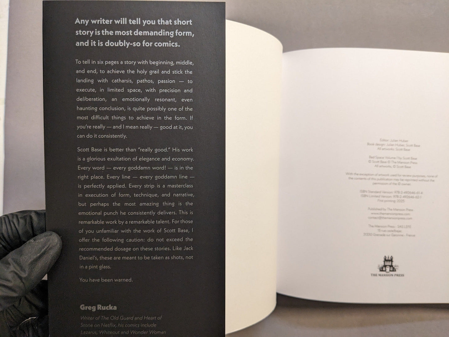 Interior front matter of Bad Space – Volume 1: intro quote and colophon/credits; black-and-white print, The Mansion Press.