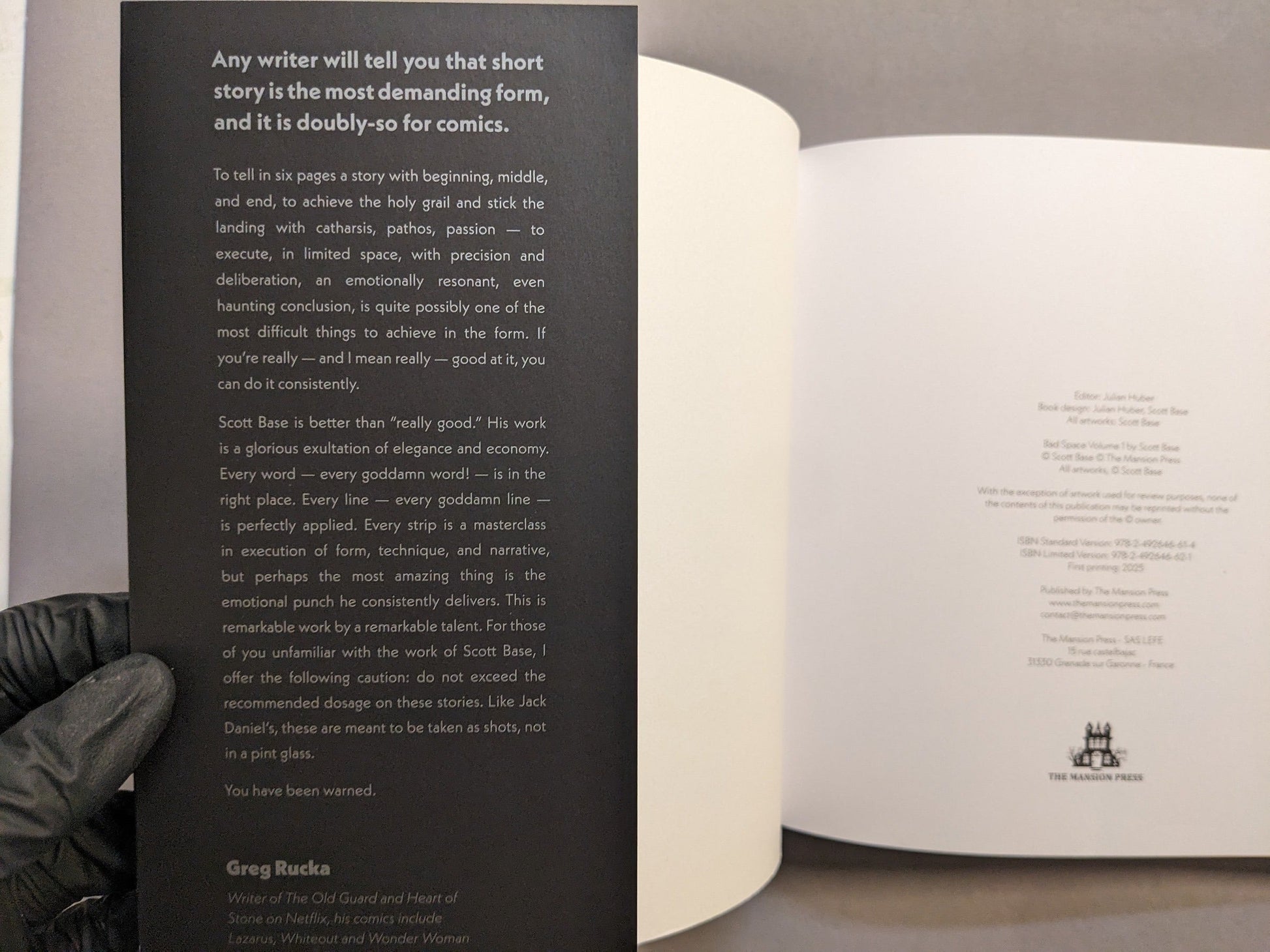 Interior front matter of Bad Space – Volume 1: intro quote and colophon/credits; black-and-white print, The Mansion Press.
