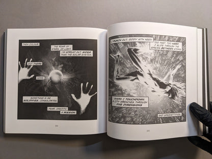 Interior spread: nude figure falling through a cityscape and hands reaching toward a glowing sphere; surreal sci-fi sequence.