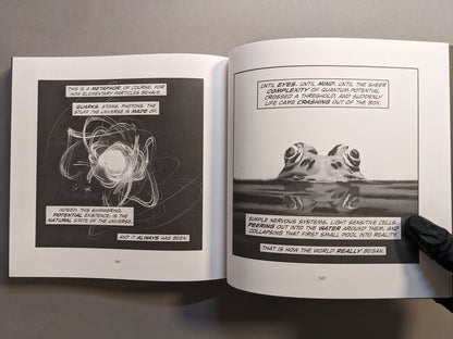 Interior spread: metaphor of quantum particles drawn as glowing lines opposite a frog emerging from water; black-and-white sci-fi comic.