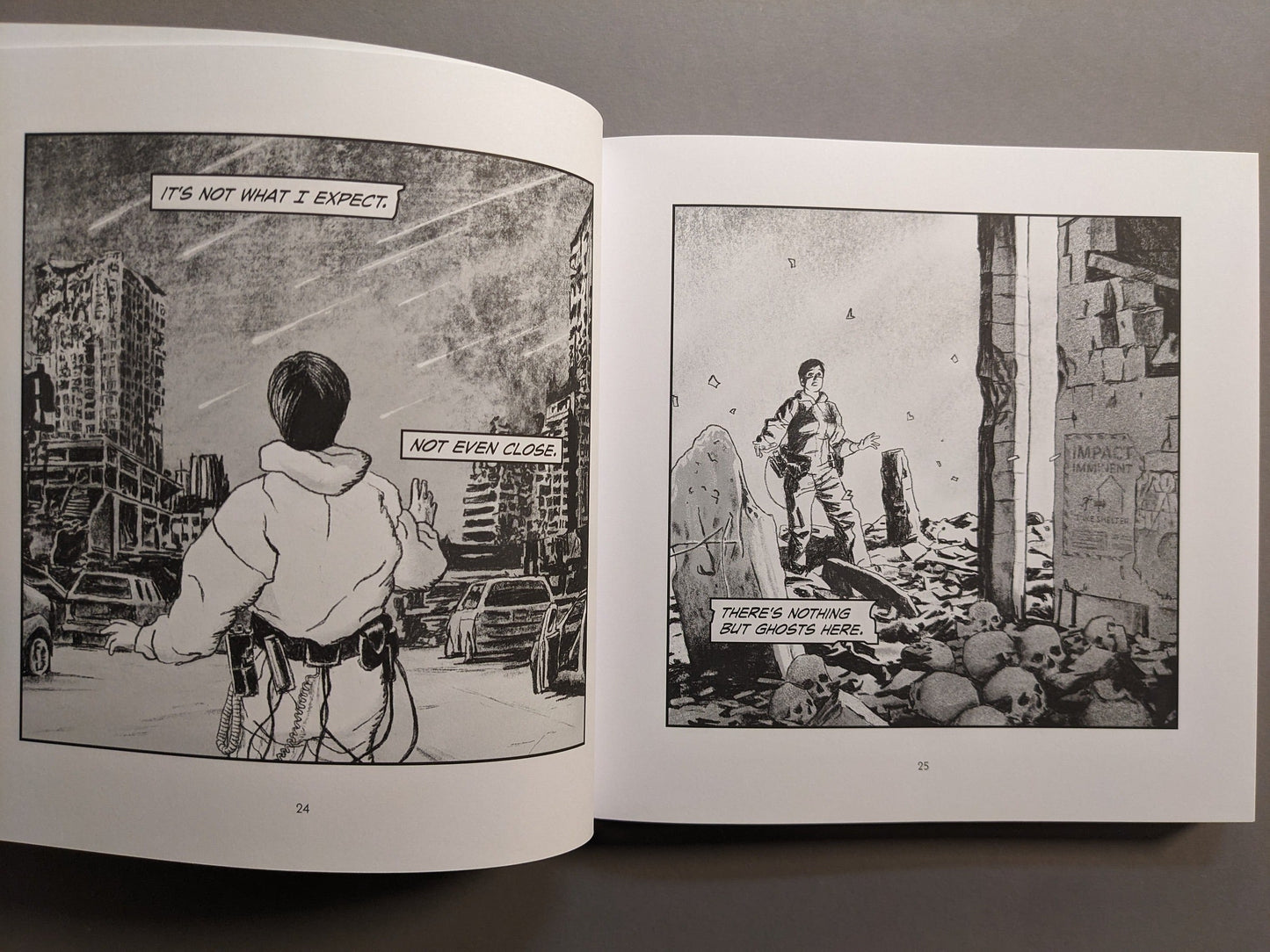 Interior spread: survivor in a ruined cityscape; panel with rubble and skulls; gritty black-and-white sci-fi comic art.