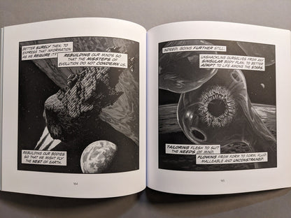 Interior spread: jagged spacecraft near a planet and an organic, eye-like form; cosmic body-horror atmosphere.
