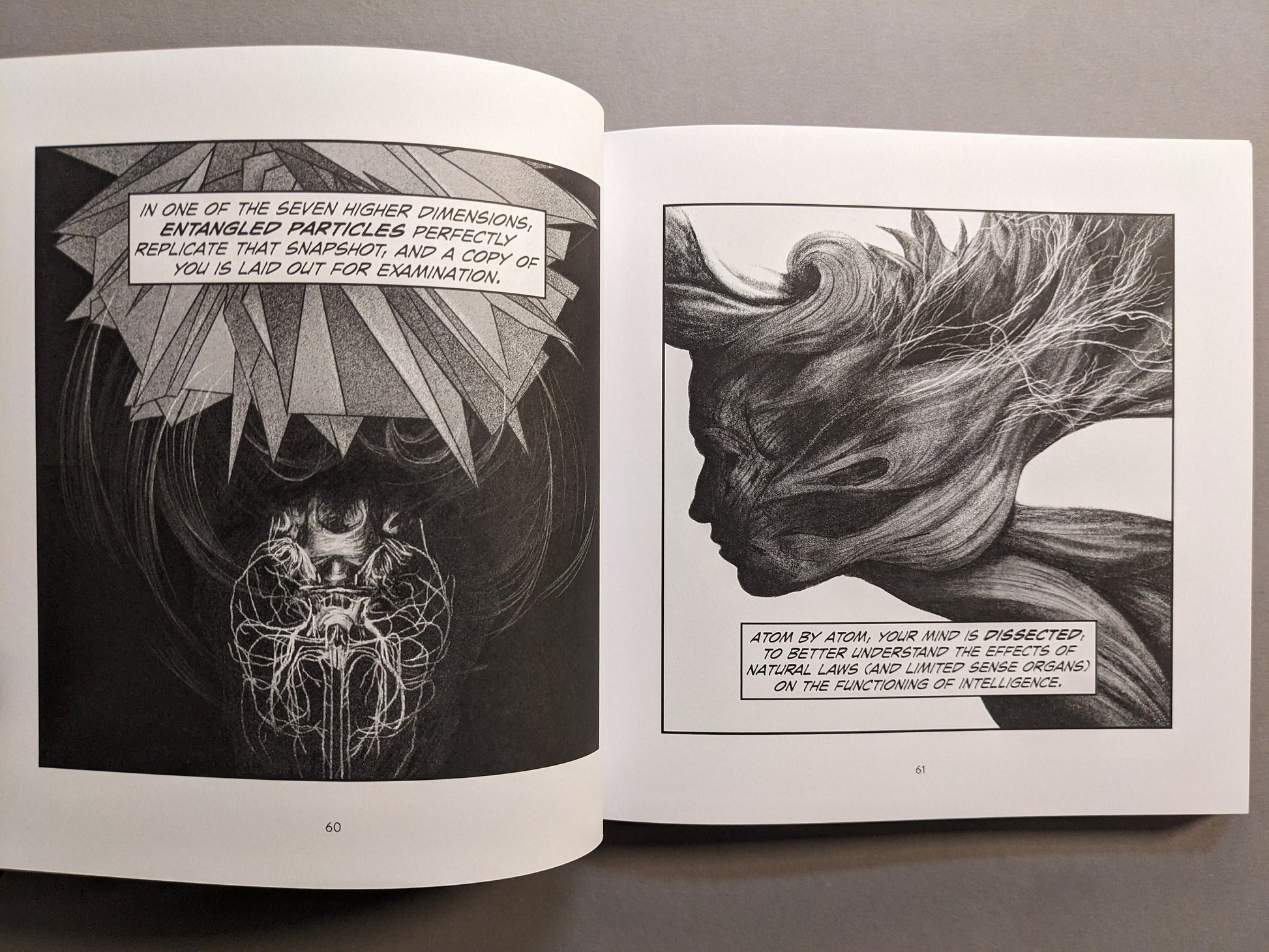Interior spread with abstract brain imagery and crystalline forms in black and white.