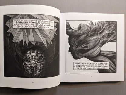 Interior spread with abstract brain imagery and crystalline forms in black and white.