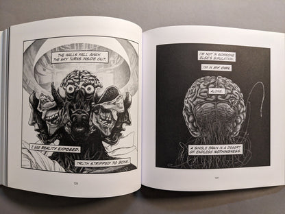 Interior spread with a suspended brain and a grotesque multi-faced head in surreal monochrome.