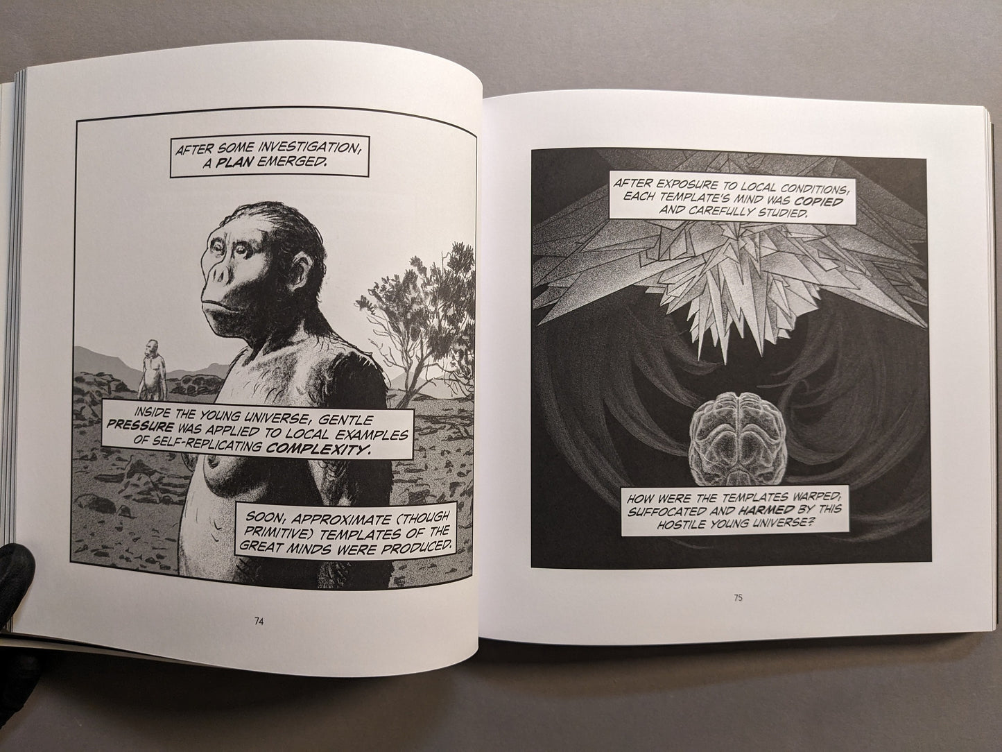Interior spread with an early hominid figure beside a brain under a geometric structure.