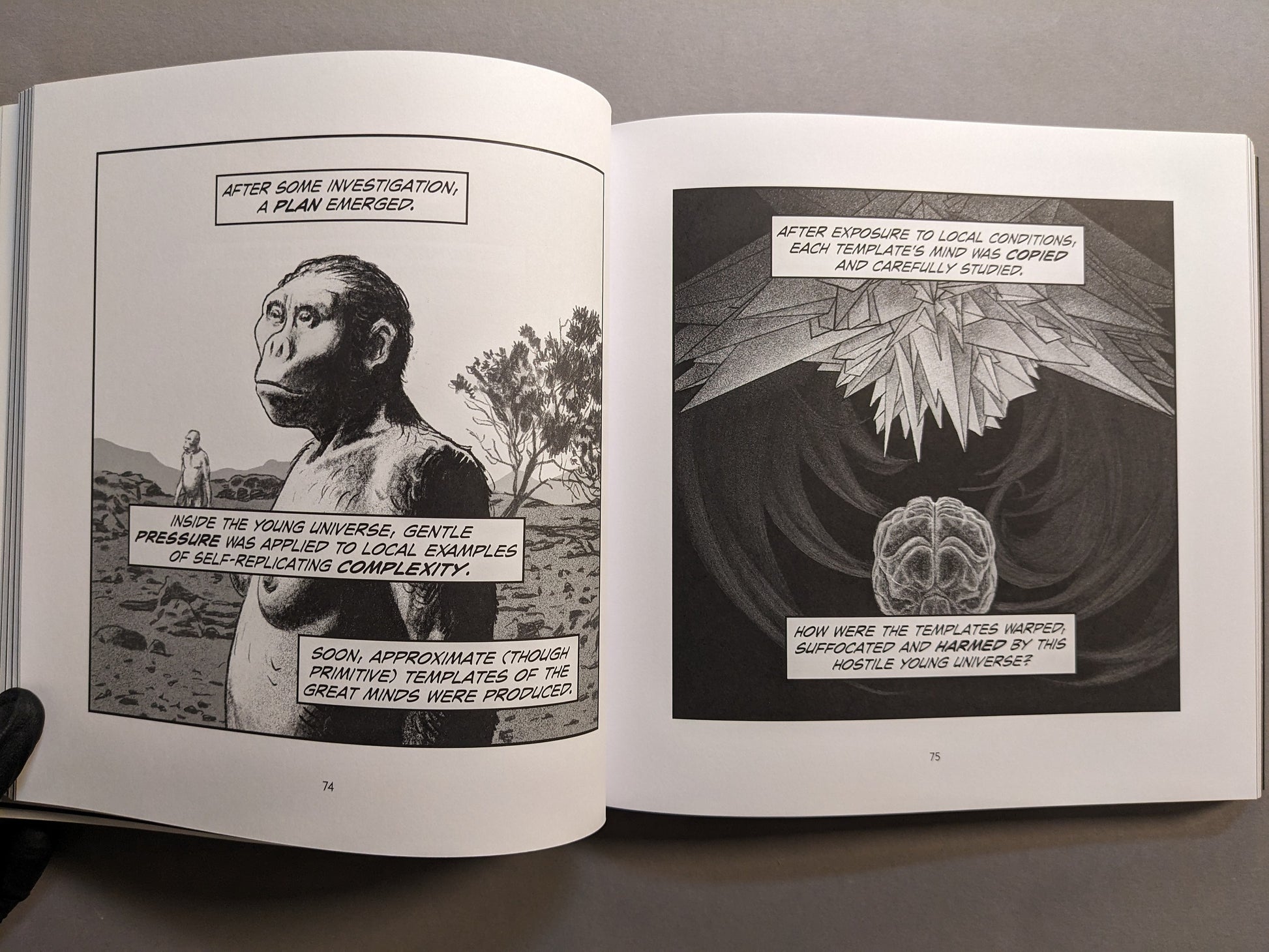 Interior spread with an early hominid figure beside a brain under a geometric structure.
