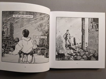 Interior spread with a ruined cityscape, rubble, and skulls in monochrome sci-fi art.