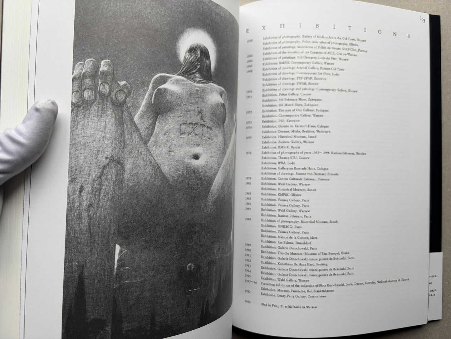 Interior spread from Beksinski 1929-2005 showing a black-and-white image on the left and an exhibition list on the right.